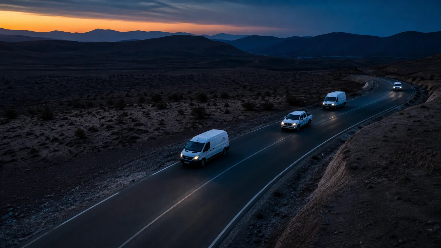 Flotte professionnelle sur une route marocaine à l’aube